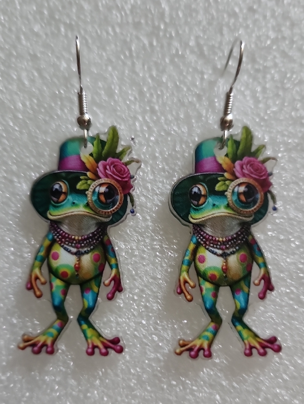 Hand Crafted Green Multicolor Frog Earrings with Pink Accents